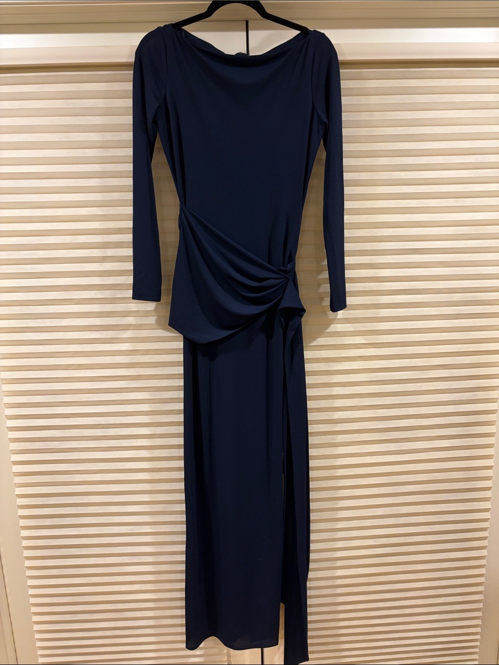 NWOT Alex Perry Navy Long-Sleeve Draped Maxi Gown, Size US 6